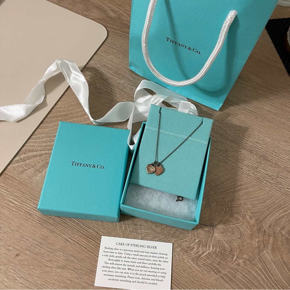 Double Heart Tag Pendant
in Silver and Rose Gold, Mini necklace